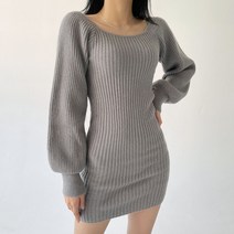 플랜데이 스퀘어넥 소매 벌룬 슬림 미니 골지 니트 원피스