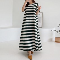 티탁 여성용 빅사이즈 데일리 루즈핏 A라인 스트라이프 굵은 가로 단가라 라운드넥 반팔 티셔츠