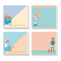콤마비 메모왕 일러스트 메모지 4종 세트, 글루미, 씽킹, 스케이트보드, 차마시는 소녀, 1세트
