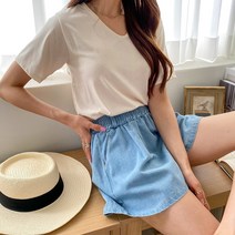 브이넥 여성용 컬러 반팔 티셔츠 T9600K24