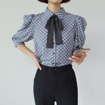 빼빼 여성용 카라넥 리본타이 소매퍼프 반팔 블라우스