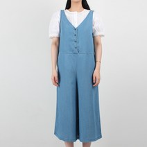 빼빼 여성용 브이넥 버튼 슬리브리스 와이드 8부 텐셀 점프수트