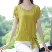 레몬소울 레이먼 노티 라운드 밑단 리본 반팔 블라우스