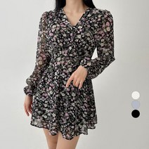플랜데이 여성용 살랑살랑 브이넥 플라워 쉬폰 미니 원피스