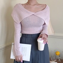 시크블랙 여성용 단보르 슬림핏 카라 무지 오프숄더 니트 cpnt4415k32