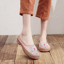 여성용 전통 복고풍 꽃 자수 플랫 슬리퍼