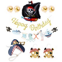 인디케이 해골선장 가랜드 + 생일축하해 가랜드 + 모자 + 풍선 + 골드 컨페티풍선 + 기프트백 파티세트, 혼합색상, 1세트