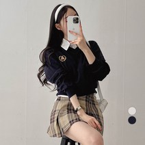 밀키버터 여성용 스쿨 테디베어 V넥 세미크롭 맨투맨
