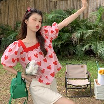 레몬소울 모모 하트 퍼프 반팔 블라우스