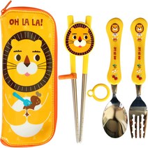 애니팜 양손가능 연습용 스텐 젓가락 + 추가링 + 스푼 + 포크 + 케이스 세트, 사자