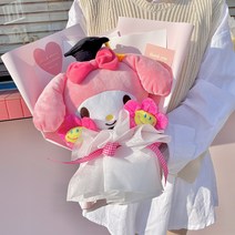데이앤모어 산리오 마이 멜로디 학사모 인형 + 스마일꽃 2p + 꽃다발 포장 세트, 혼합색상