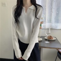 플로렐로 여성 데일리 스웨터 카라 긴팔 골지 니트 티셔츠