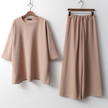 티탁 여성용 빅사이즈 데일리 7부 소매 티셔츠 밴딩 이지 와이드 바지 세트