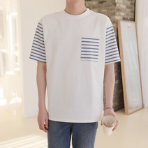 플레이즈 남성용 포켓 소매 스트라이프배색 반팔 티셔츠