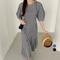 바블링브룩 여성용 체크 퍼프 머메이드 롱 원피스