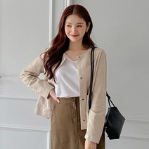 로미스토리 여성용 빅사이즈 베이직 노카라 린넨 싱글 점퍼