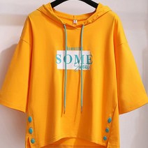 여성용 다유몰 후드 반팔 티셔츠 모자티 배색 단추 포인트 RF004