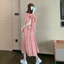 쉐어몰 브이넥 퍼프소매 뒷트임 백리본 원피스