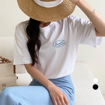 보에리에 여성용 동그라미 자수 레터링 라운드넥 반팔 티셔츠