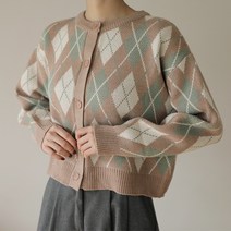 빼빼 여성용 아가일 패턴 라운드넥 니트 가디건