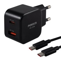 펭카 25W 2포트 PD PPS 초고속 충전기 PD25B + C to C 케이블 세트, 블랙, 1세트