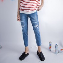 골드퍼센트 남성용 테이퍼드핏 무파진 자수 데님팬츠