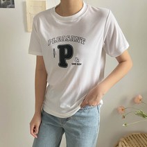 플랜데이 여성용 PT레터링 스판 라운드 반팔 티셔츠