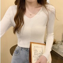 여성용 MA 브이넥 골지 긴팔 니트