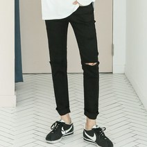 남성용 컷팅 데미지 포인트 슬림핏 블랙진 팬츠