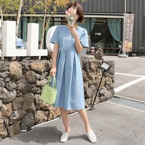 빼빼 여성용 백버튼 플리츠 데님 반팔 원피스