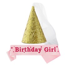 조이파티 글리터 베일 파티고깔모자 + 생일어깨띠 Birthday Girl 세트, 골드(모자), 핑크(어깨띠), 1세트
