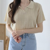 여성용 다란카라꽈 기본핏 카라넥 베이직 데일리룩 반오픈 꽈배기 반팔 니트 n1859