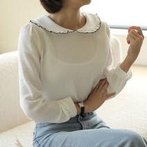 빼빼 여성용 위비 포인트 프릴 카라넥 셔링 블라우스