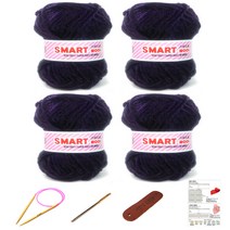 행복뜨기 스마트울 털실 뜨개실 4p + 대바늘 6mm + 돗바늘 + 가죽라벨 + 목도리도안, 2807 진보라, 1세트