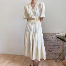 플랜데이 프릴소매 랩스타일 에이라인 롱 원피스