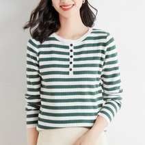 솔레일 여성용 머취 스트라이프 반오픈 라운드넥 니트티