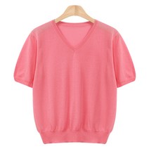 레몬소울 여성용 로코 썸머 브이넥 반팔 니트티