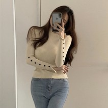 레몬소울 여성용 타이드 반폴라 골지 단추 니트 티