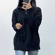 오오엘 여성용 꽈배기 루즈핏 언발 토미 꽈배기 후드 롱 니트