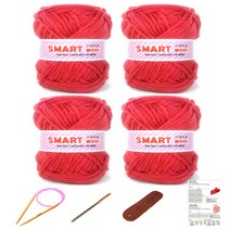 행복뜨기 스마트울 털실 뜨개실 4p + 대바늘 6mm + 돗바늘 + 가죽라벨 + 목도리도안, 2803 다홍, 1세트