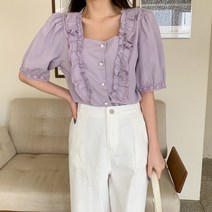 시크블랙 마레빙 프릴 스퀘어넥 진주 버튼 블라우스 BL4578K24