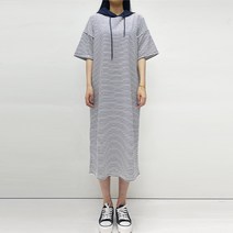 빼빼 여성용 캐주얼 배색 후드 스트라이프 반팔 롱 원피스