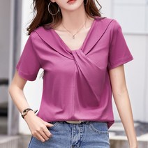 모네타 여성용 스티칭 꼬임 캐주얼 반팔 상의