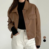 무드인더 여성용 절개 포인트 버튼 레더 자켓