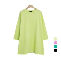 플랜데이 여성용 샤베트 네온 컬러 박시핏 캐주얼 라운드넥 무지 티셔츠