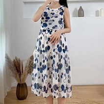 푸른 물방울 패턴 민소매 드레스 여름 임산부 원피스