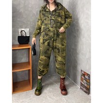 카모플라쥬 후드 점프슈트 루즈핏 앞지퍼 올인원룩