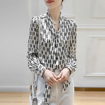 플라워리본블라우스 새틴 실크 여성 2022 봄 고급 나비 결 있음 기하학무니 프린팅 누에실 와이셔츠 상의 4659039178