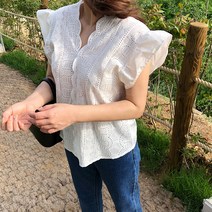 아일렛 펀칭 레이스 프릴 날개 브이넥 여름 블라우스