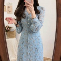 2022 NEW v넥 풀 슬리브 드레스 여성 꽃 프린팅 달콤한 쉬폰 단일 브레스트 캐쥬얼 Vestido